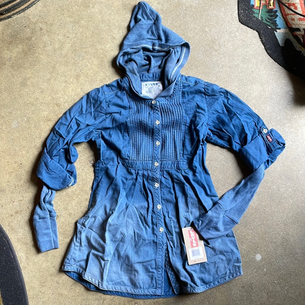 Levi’s girls dress size 12/14 L indigo blue with waffle undershirt arms and hood
